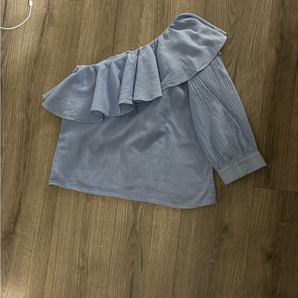 LOFT One-Shoulder Light Blue Ruffle Blouse